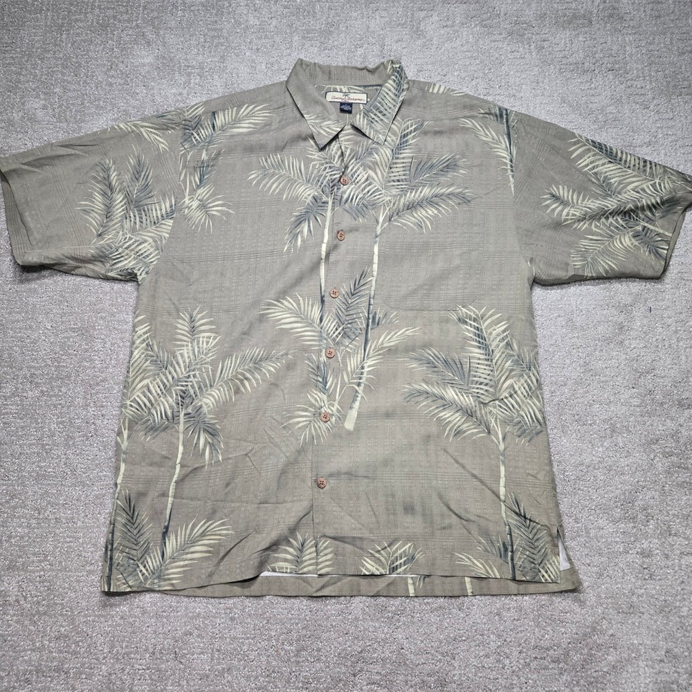Tommy Bahama Relax Mens L Silk Palm Tree Camp Shirt Olive Green Button Up